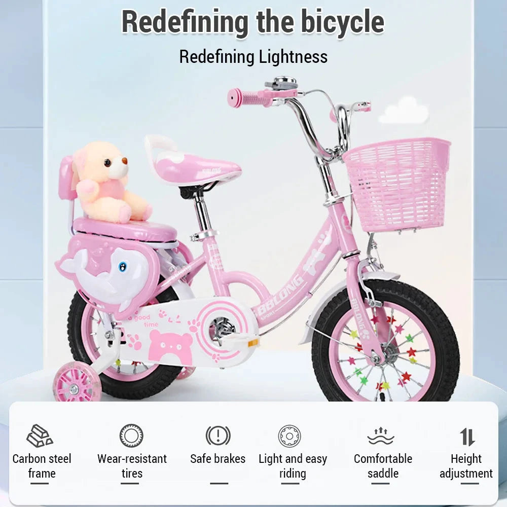 Kids Bike 12-20in Bicycle for Girls Ages 3-13 Years with Training Wheels Basket Protective Net Fash Wheel MANDOTOS