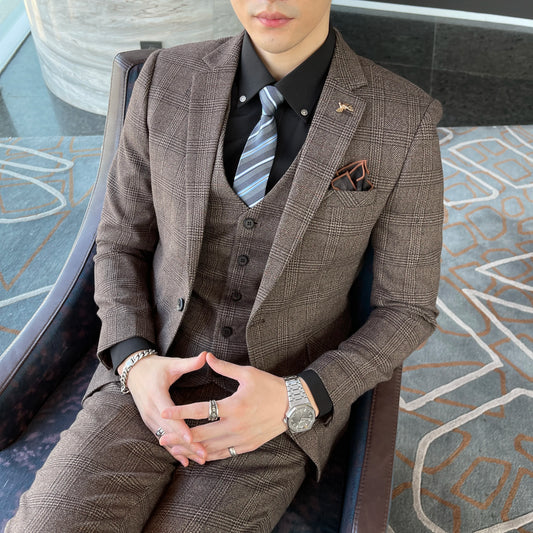 British Korean Style High Quality Modified Plaid Three-Piece Suit for Men - Stylish Business Casual Suit Vest And Trousers Set