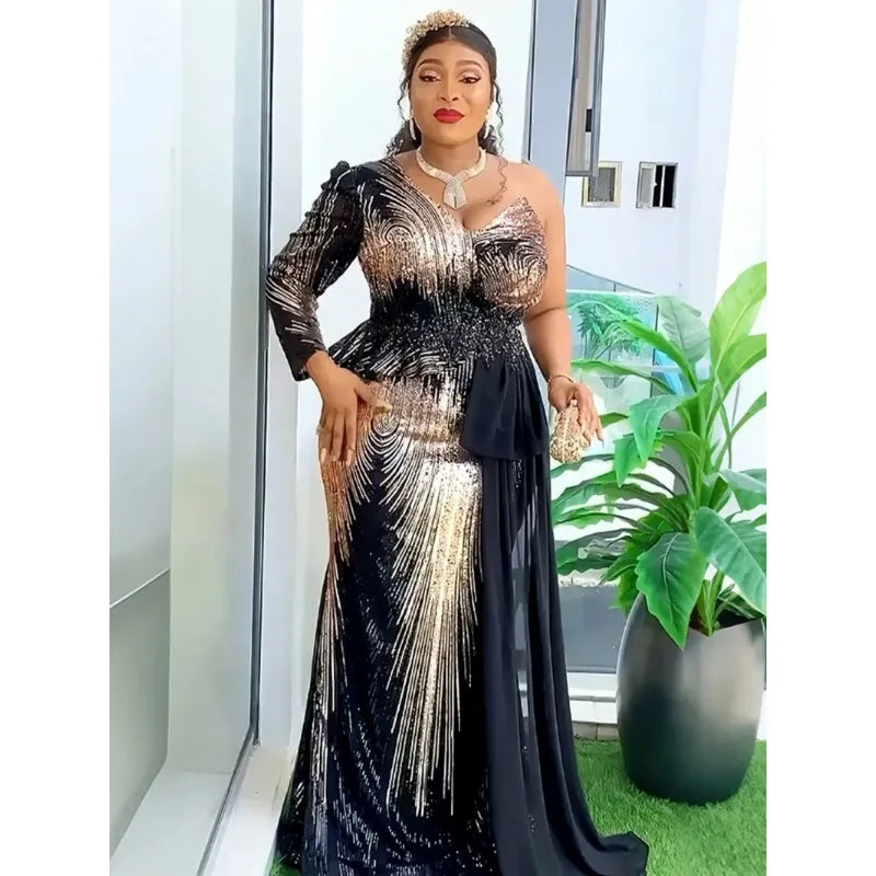 Customized Elegant Dress Women for Wedding Party Summer Autumn African V-neck Long Sleeve Evening Long Maxi Dress Gowns Africa C