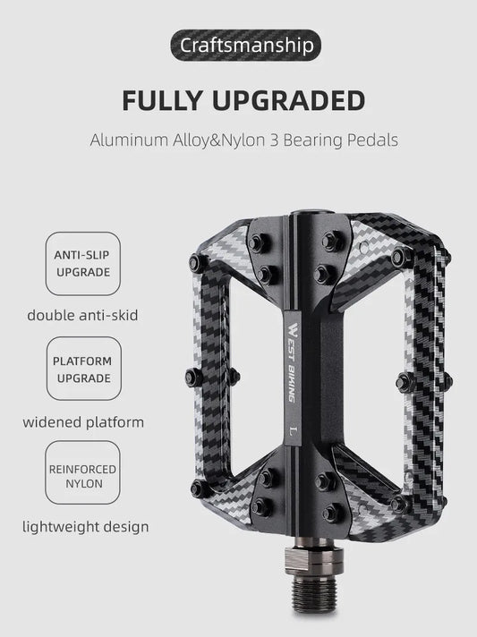WEST BIKING MTB Integrated Pedals 3 Bearing Ultralight Flat Pedals Aluminum Alloy Nylon Carbon Fiber Coating Specialized Pedals