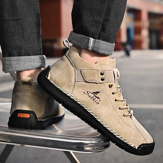 New 2025 Handmade Leather Casual Men Shoes Design Sneakers Man Breathable Leather Shoes Men Ankle Boots Outdoor MANDOTOS