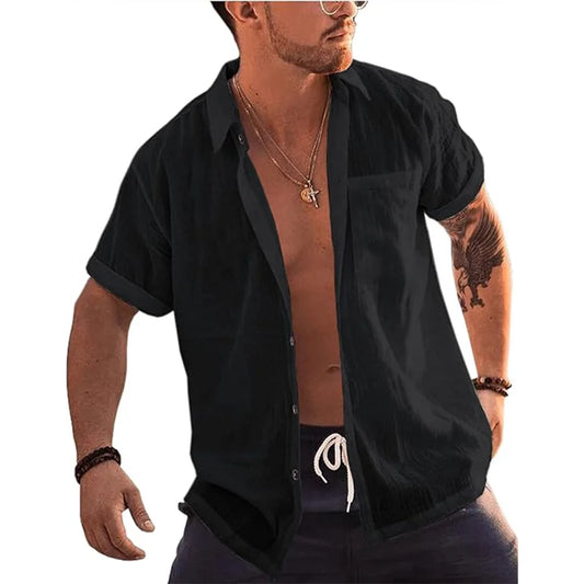 Mens Short Sleeve Button Up Shirts Linen Cotton Beach Tops Turn Down Collar Summer T Shirt with Pocket - MANDOTOS