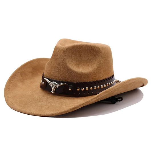 Western cowboy hat with bullhead rivets, curved brim, windproof rope, and felt for outdoor riding and jazz hats