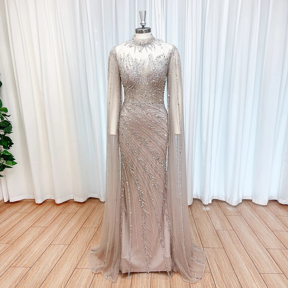 Eshaut&bridal Luxury Beaded Evening Dress Cape Sleeve Dubai Sheer Neck Mermaid Formal Prom Wedding Party Gown Customized 2026