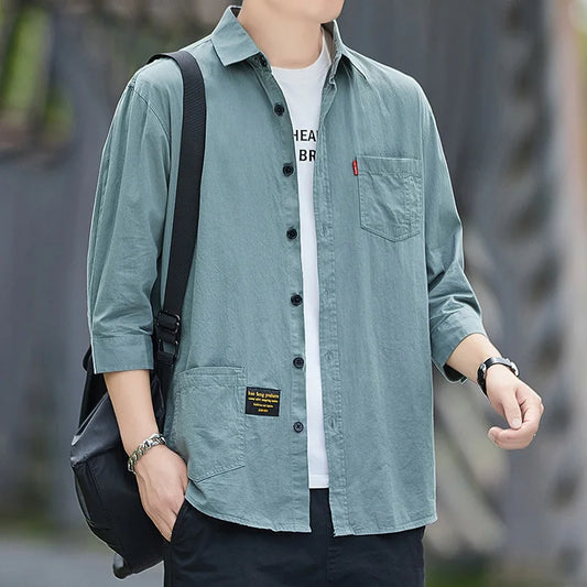 Men shirts Summer Men's clothing Short-Sleeved shirts & blouses Daily Solid Color Stand-Up Collar Casual Beach Style Male Shirt - MANDOTOS