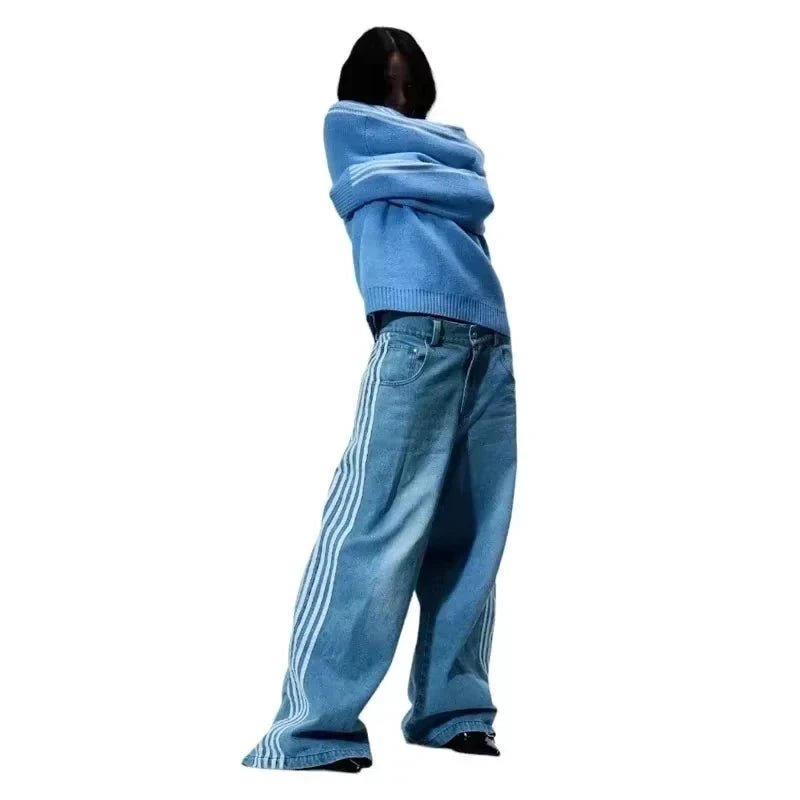 Y2K Baggy Jeans High Quality Embroidered Striped Harajuku Sweatpants Men Women Hip Hop Streetwear Casual Mopping Wide Leg Denim MANDOTOS