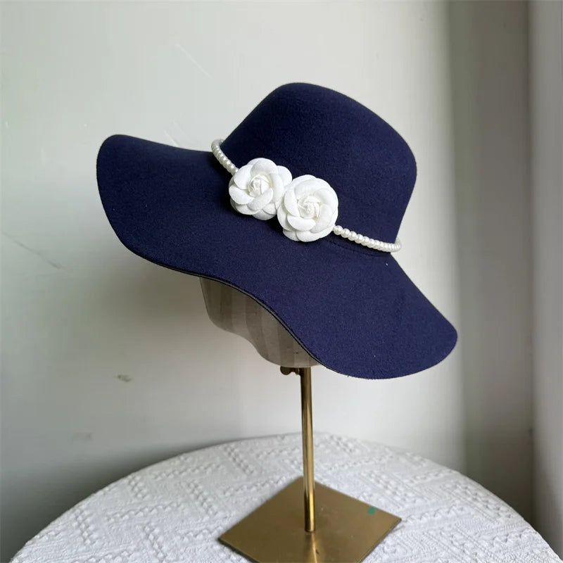 Women's Hats French Style Fedora Hat for Women 10CM Wide Brim Flat Top Felt Hat Winter Autumn Derby Wedding Jazz Hats