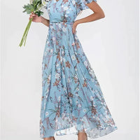 Women Elegant Ruffle Short Sleeve V Neck Pullover Dresses Sweet Style Small Flower Print High Waist Dress Female New Casual Gown