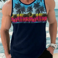 Hawaiian Style Palm Print Men's Tank Top for Summer Beach Trips - MANDOTOS INTERNATIONAL