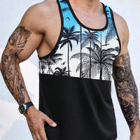Hawaiian Style Palm Print Men's Tank Top for Summer Beach Trips - MANDOTOS INTERNATIONAL