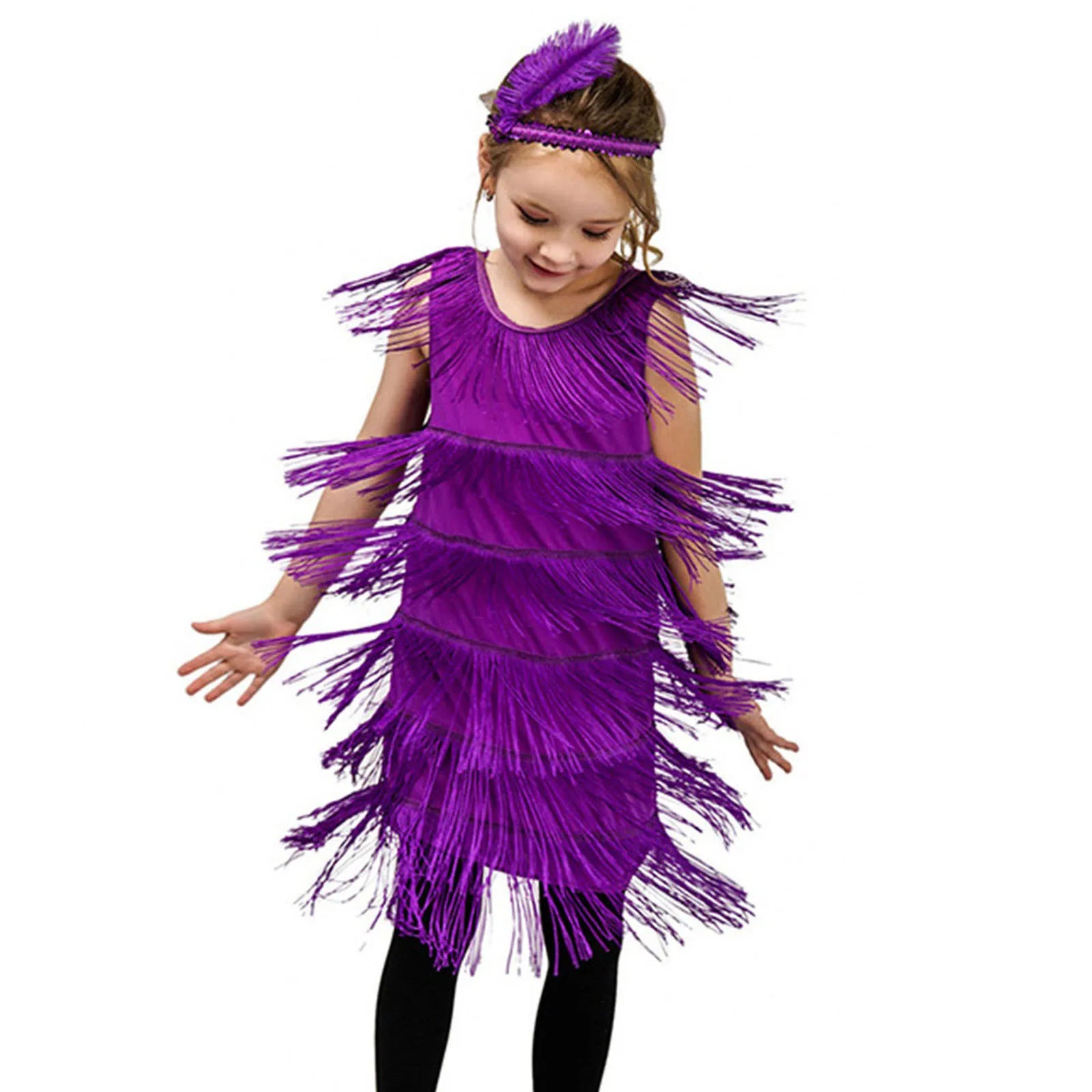 Girl Party Dress Girls Flapper Dress Carnival Sequins Fringe Latin Dance Dress Tassel Tango Dress Ballroom Costume With Feather
