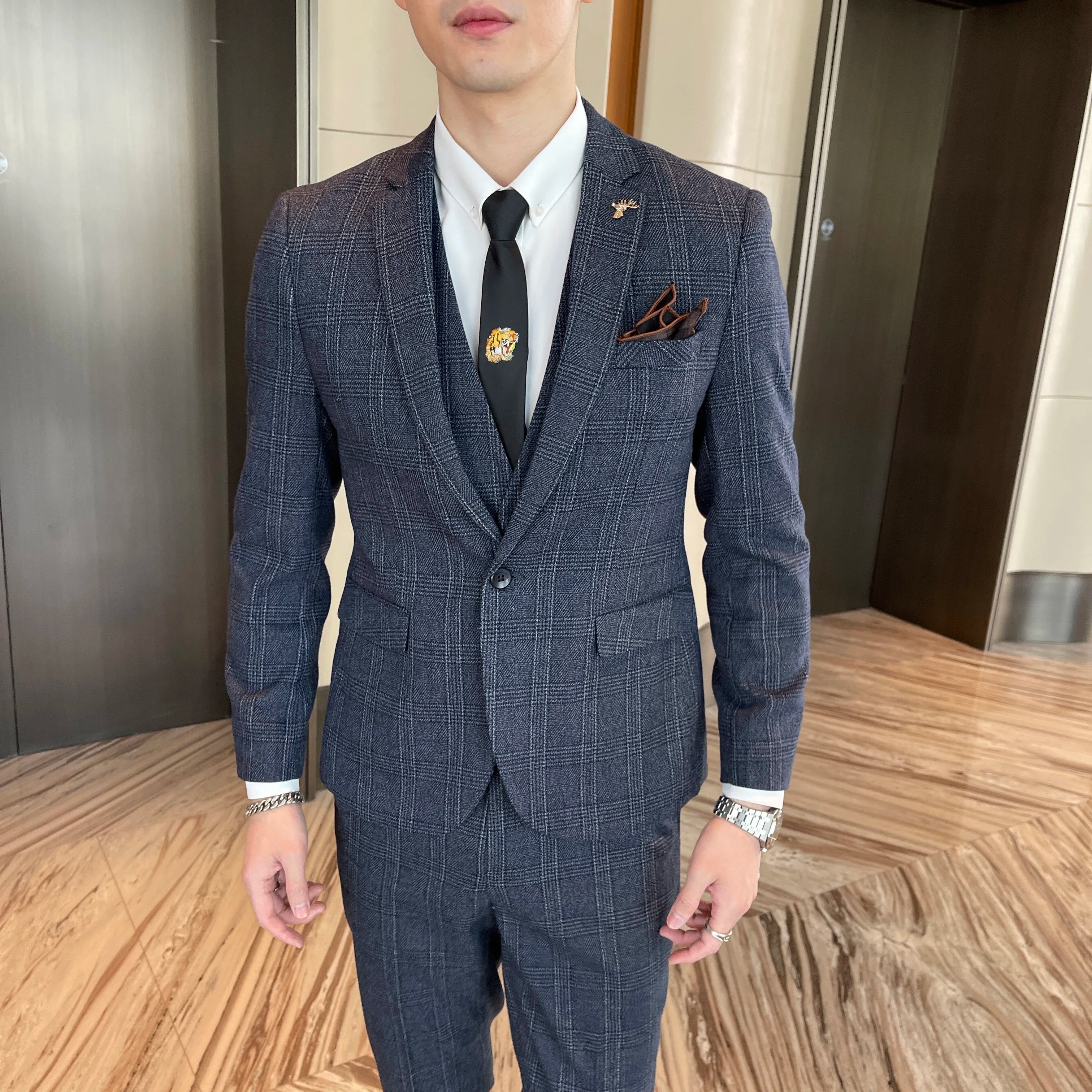 British Korean Style High Quality Modified Plaid Three-Piece Suit for Men - Stylish Business Casual Suit Vest And Trousers Set