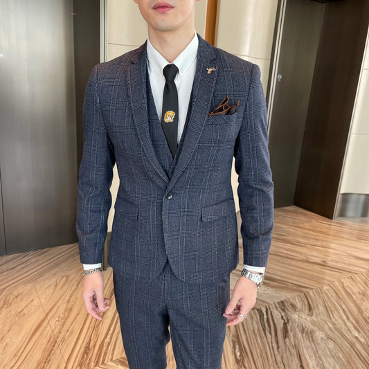 British Korean Style High Quality Modified Plaid Three-Piece Suit for Men - Stylish Business Casual Suit Vest And Trousers Set