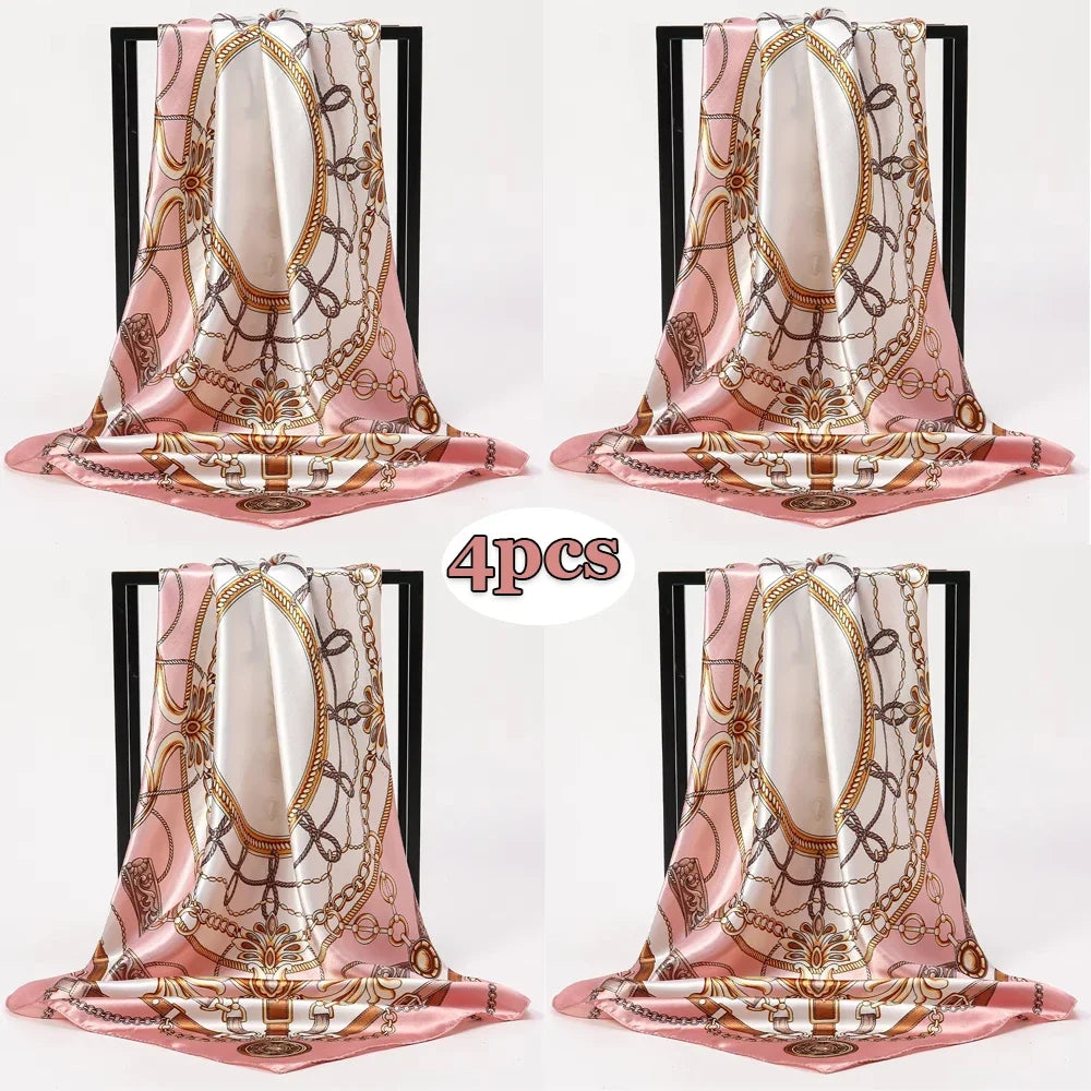 1pcs 90*90cm Square Silk Scarves Women Hijab Shawls Fashion Print Kerchief Femme Head Scarf Foulard Bandana Beach Head Scarf