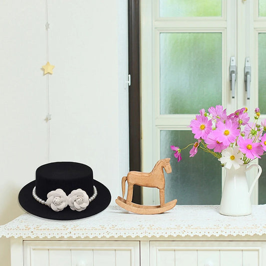 Women Wool Boater Hat Pearl Flower Decor Classic Flat Top Fedora Hat Wide Brim Church Derby Cap,French British Style