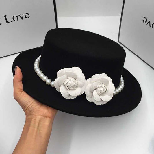 Women Wool Boater Hat Pearl Flower Decor Classic Flat Top Fedora Hat Wide Brim Church Derby Cap,French British Style