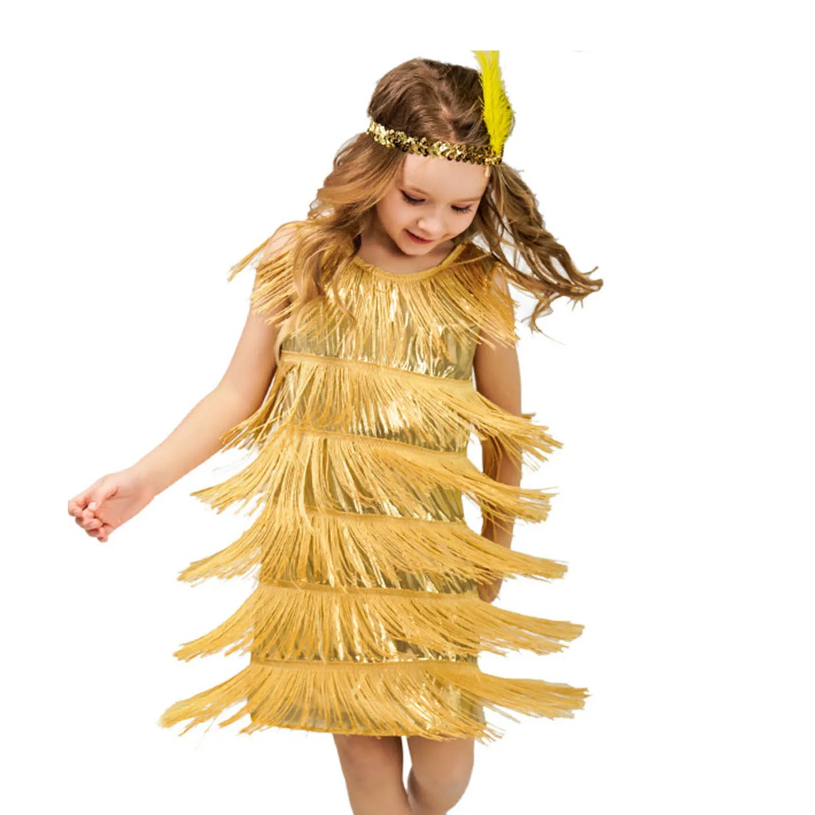 Girl Party Dress Girls Flapper Dress Carnival Sequins Fringe Latin Dance Dress Tassel Tango Dress Ballroom Costume With Feather - MANDOTOS
