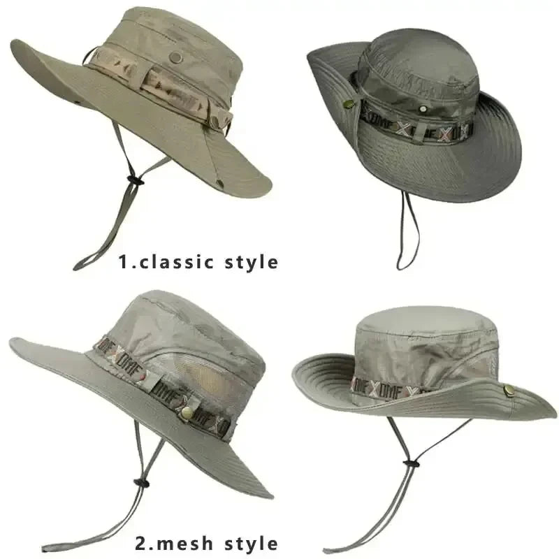 Summer Men's Wide Brim Bucket Hat UV Protection Panama Style Mesh Fisherman Beach Sun Hat for Outdoor Hunting Hiking