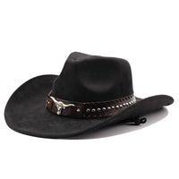 Western cowboy hat with bullhead rivets, curved brim, windproof rope, and felt for outdoor riding and jazz hats
