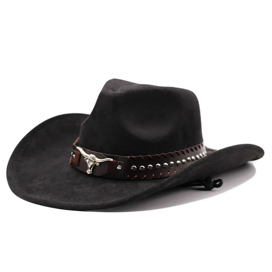Western cowboy hat with bullhead rivets, curved brim, windproof rope, and felt for outdoor riding and jazz hats