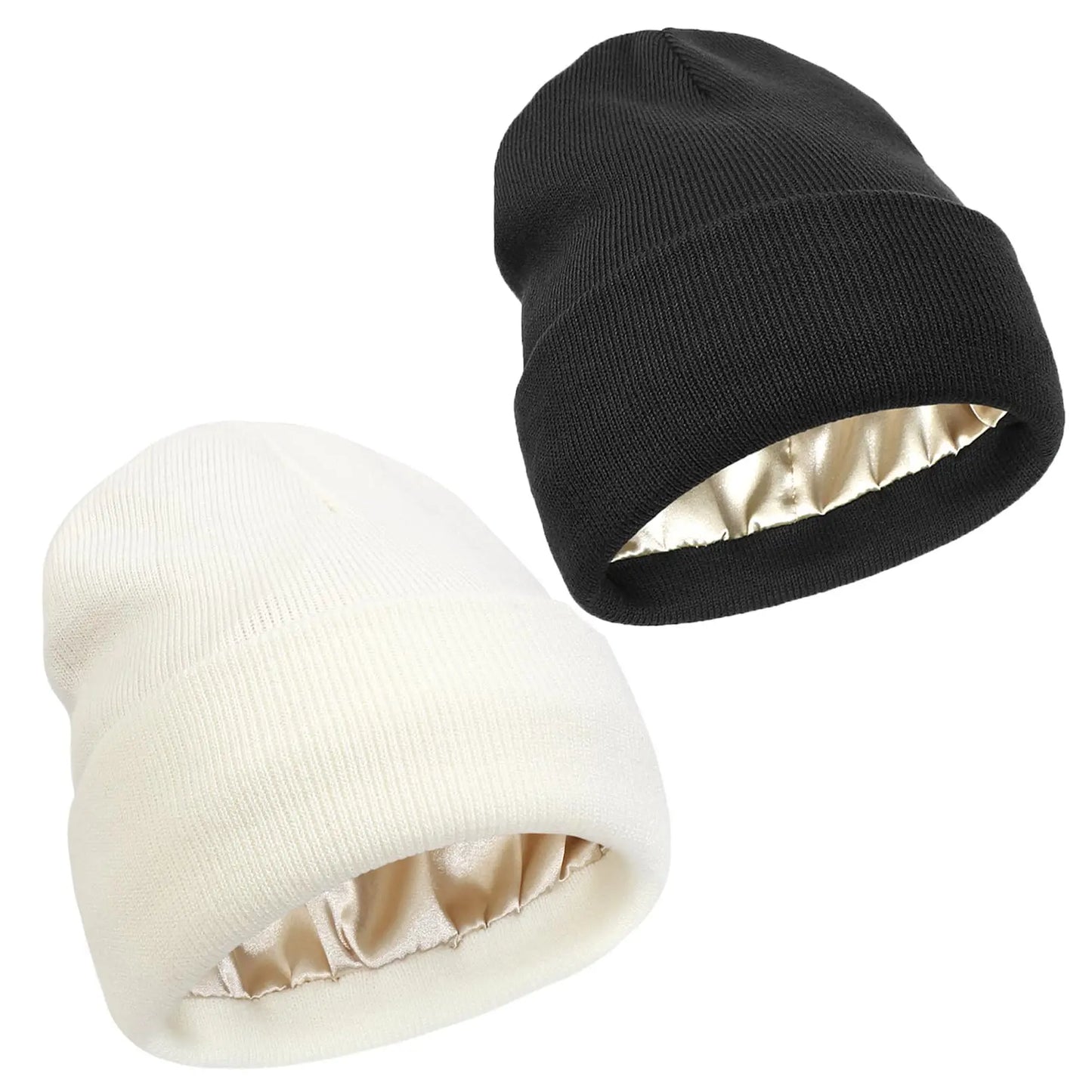 Unisex Satin Lined Beanie Hat For Women Winter Silk Lining Slouchy Warm Cuffed Skullies 2Layer Hair Cover Sleep Cap