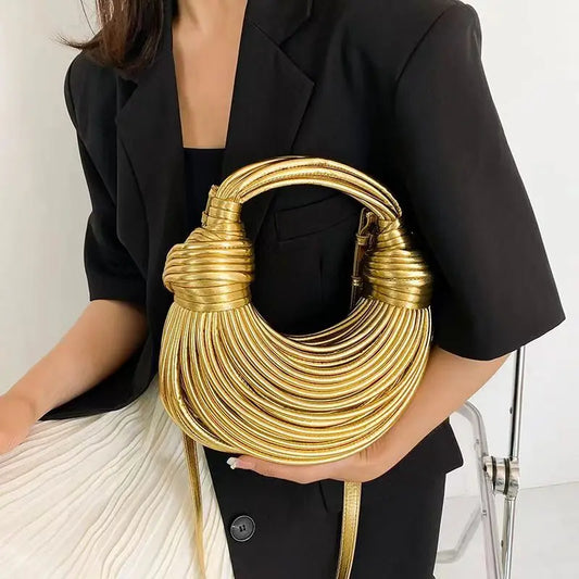Handbags for Women 2025 New in Gold Luxury Designer Brand Handwoven Noodle Bags Rope Knotted Pulled Hobo Silver Evening Clutch - MANDOTOS