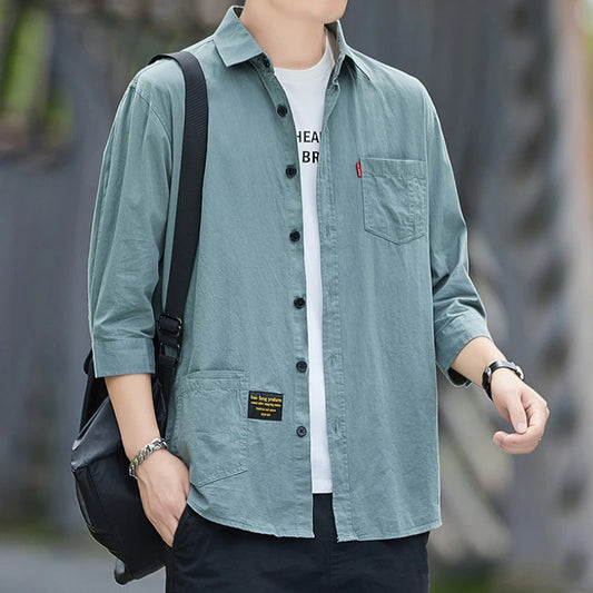 Men shirts Summer Men's clothing Short-Sleeved shirts & blouses Daily Solid Color Stand-Up Collar Casual Beach Style Male Shirt - MANDOTOS