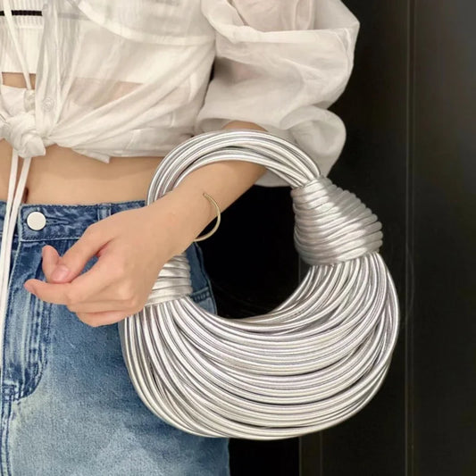 Handbags for Women 2025 New in Gold Luxury Designer Brand Handwoven Noodle Bags Rope Knotted Pulled Hobo Silver Evening Clutch - MANDOTOS