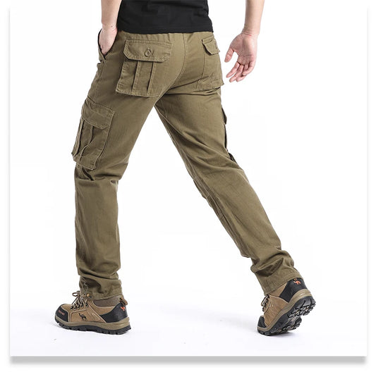 Large Pocket Loose Overalls Men's Outdoor Sports Jogging Tactical Pants Elastic Waist Pure Cotton Casual Work Pants - MANDOTOS