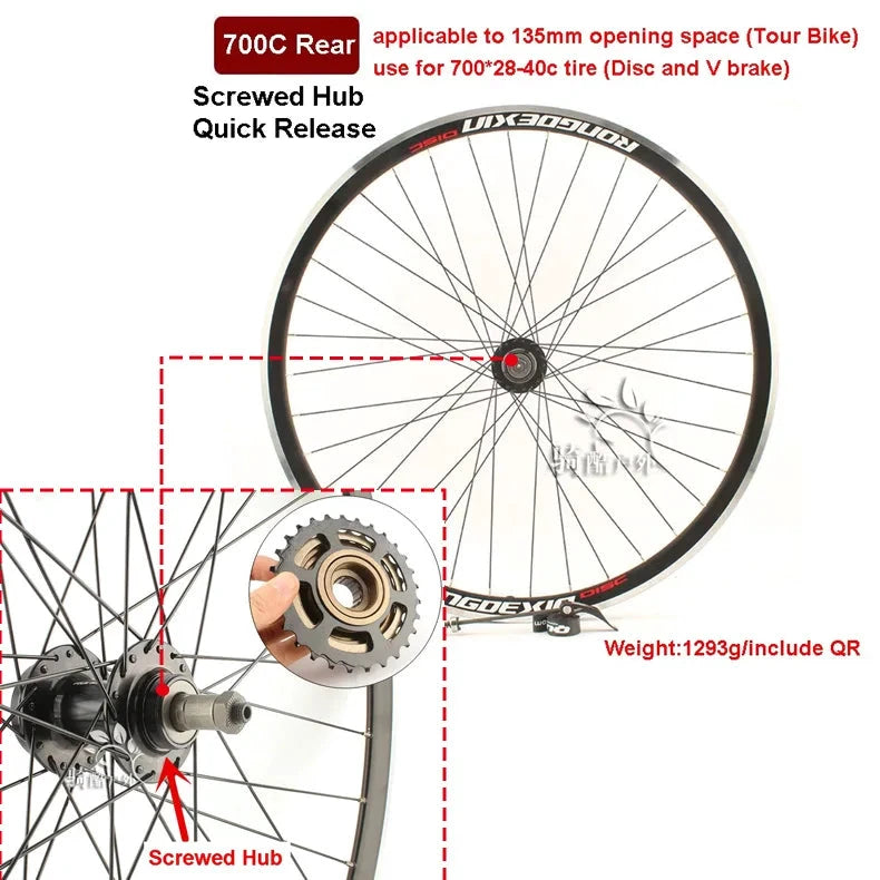 Cruiser Tour Bike Wheelset, Double Deck Rim, Front Wheel Disc, V Brake, Rear Back Wheels, Cassette and Screwed Hub, 36H, 700C MANDOTOS
