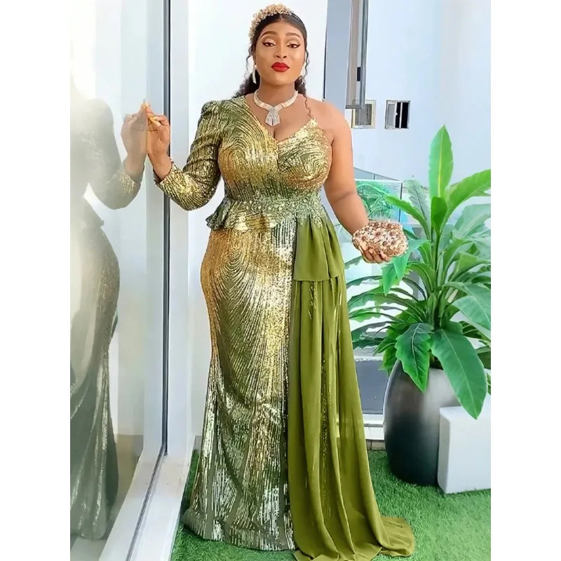 Customized Elegant Dress Women for Wedding Party Summer Autumn African V-neck Long Sleeve Evening Long Maxi Dress Gowns Africa C