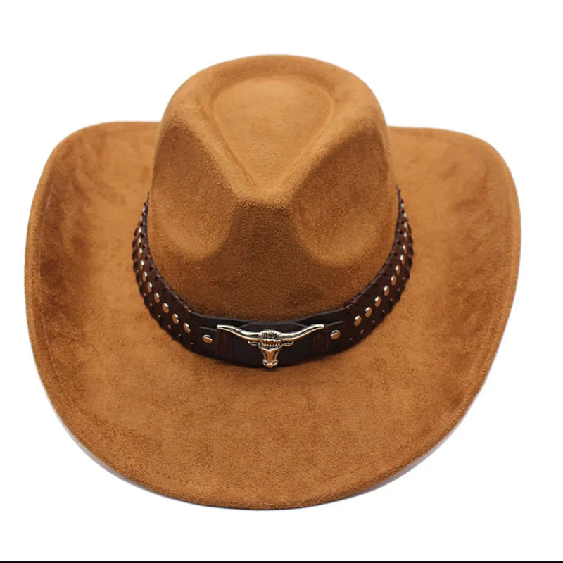 Western cowboy hat with bullhead rivets, curved brim, windproof rope, and felt for outdoor riding and jazz hats