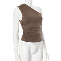 Solid Color One Shoulder Backless Shrink Tank Top T-Shirt Candy Color Tight Sexy Sleeveless Neckless Slim Casaul Top