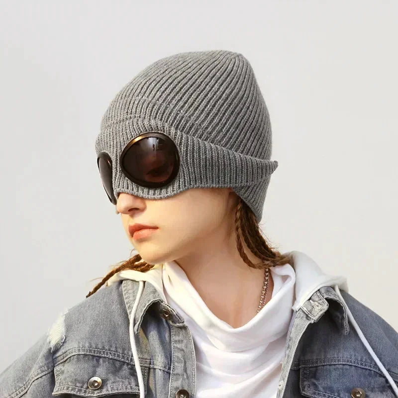 Mandotos Brimless Hat With Goggles For Unisex Winter Wear Skull Knit Gray Warm Beanie - MANDOTOS