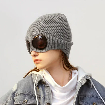 Brimless Hat With Goggles For Men And Women In Winter Hat Neutral Solid Color Skull Knitted Hat In Winter - MANDOTOS