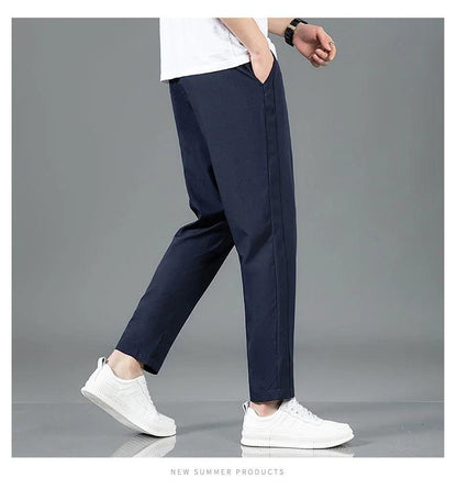 Ice Silk Men's Pants 2025 Summer New Black Gray Thin Business Casual Pants Outdoor Elastic Breathable Straight Leg Sweatpants - MANDOTOS