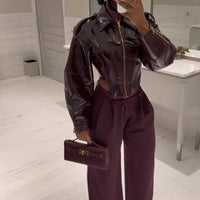 Coated Women Cinched-waist Leather Jacket RetroCasual Lapel Full Sleeve Zipper Bomber Coats Lady Daily High Street Outwear 2026