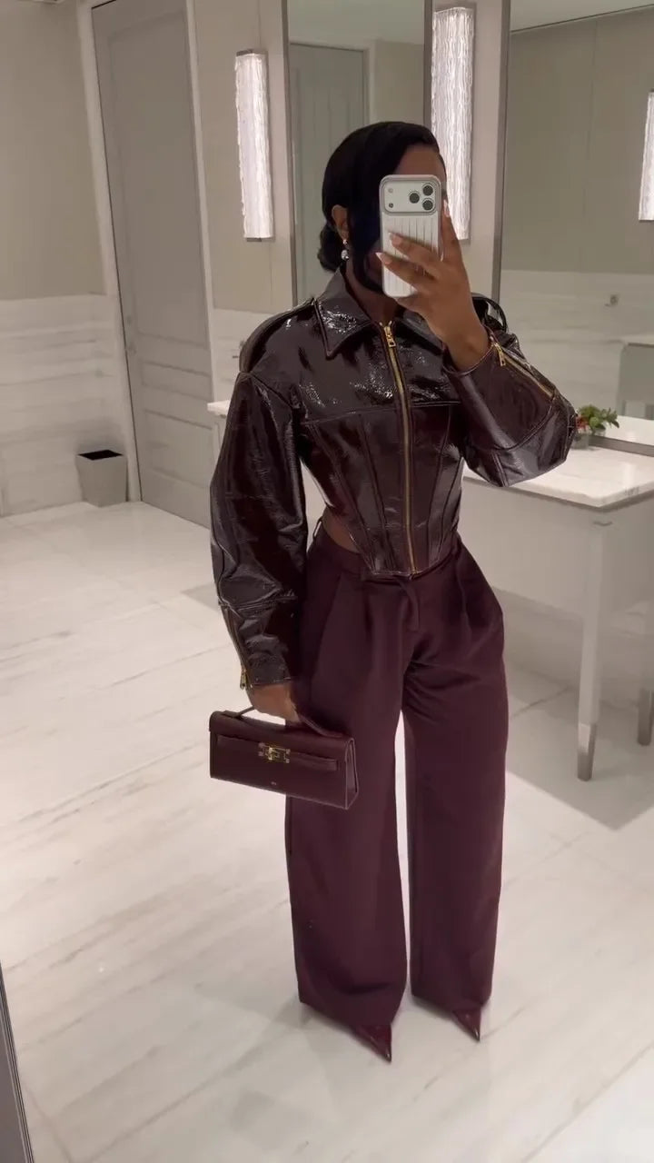 Coated Women Cinched-waist Leather Jacket RetroCasual Lapel Full Sleeve Zipper Bomber Coats Lady Daily High Street Outwear 2026