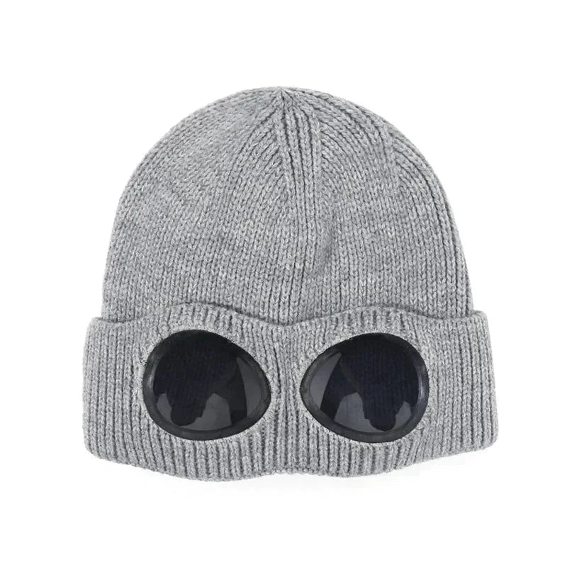 Mandotos Brimless Hat With Goggles For Unisex Winter Wear Skull Knit Gray Warm Beanie - MANDOTOS
