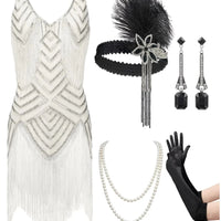 Gatsby Glam 1920s Women's Flapper Dress & Accessories Set - Small White - MANDOTOS INTERNATIONAL