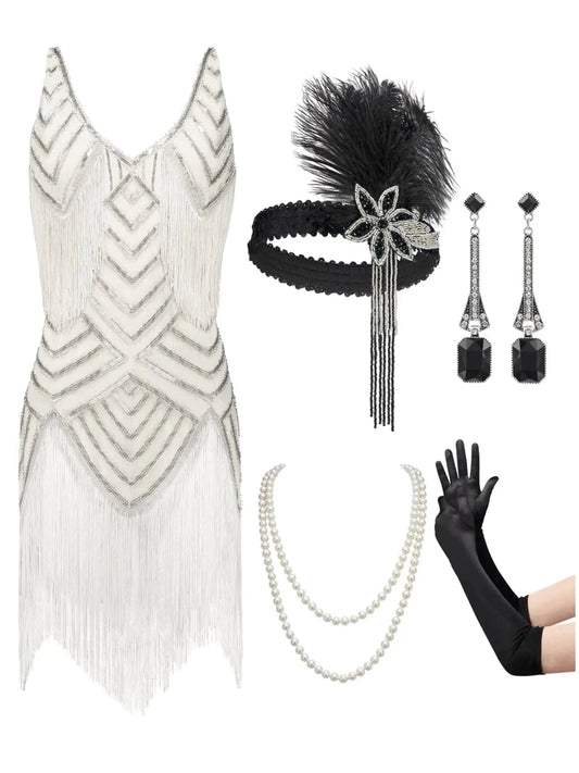 Gatsby Glam 1920s Women's Flapper Dress & Accessories Set - Small White - MANDOTOS INTERNATIONAL