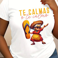 Mexican Mama Print T-Shirt for Women - Casual Short Sleeve Round Neck Polyester Knit Fabric Top H-Fit Regular Fit