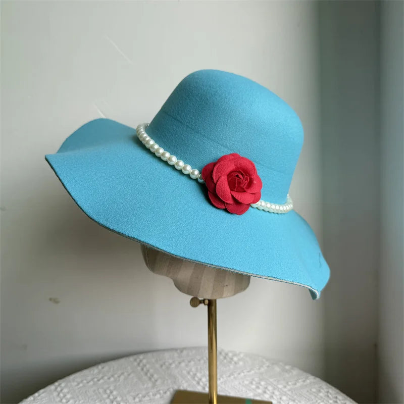 Women's Hats French Style Fedora Hat for Women 10CM Wide Brim Flat Top Felt Hat Winter Autumn Derby Wedding Jazz Hats