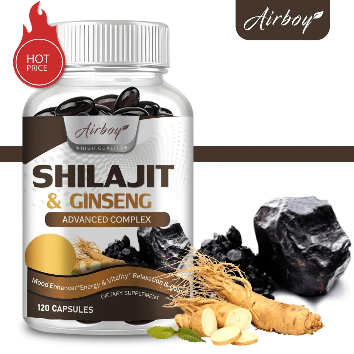 Shilajit & Ginseng Supplement - Provides Energy and Endurance, Enhances Brain & Memory, Immune Support - 120 Capsules MANDOTOS