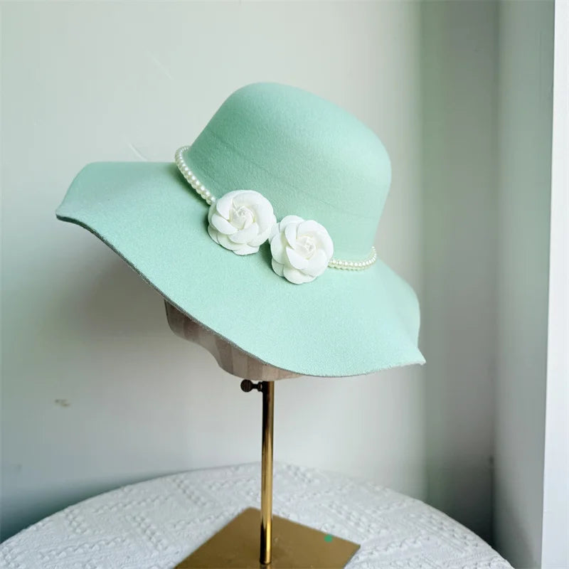 Women's Hats French Style Fedora Hat for Women 10CM Wide Brim Flat Top Felt Hat Winter Autumn Derby Wedding Jazz Hats