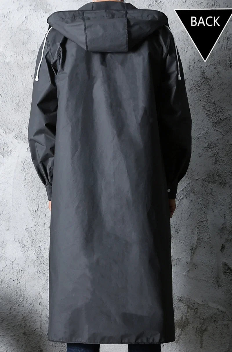 Black Fashion Adult Waterproof Long Raincoat Women's Men's Raincoat Hooded Outdoor Motorcycle, Cycling, Hiking, Fishing