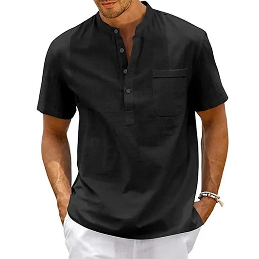 Cotton Linen Shirt Men Henley Neck Pocket Casual Beach Short Sleeve Solid Color Male Tops T-shirts Vintage Streetwear - MANDOTOS