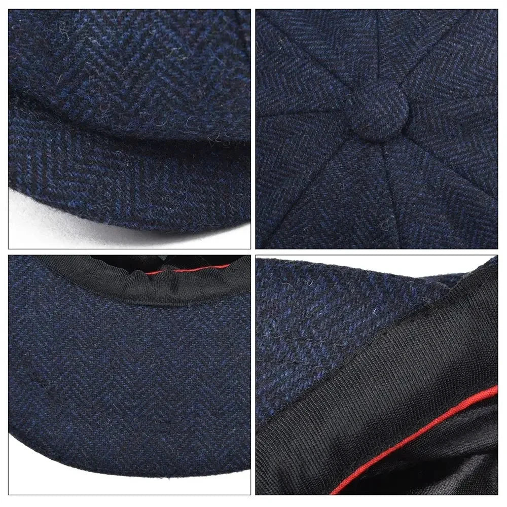 Wool Bleed Herringbone Tweed Newsboy Cap Men 8-Panel Cabbie Flat Caps Gatsby Driver Beret Hat MANDOTOS