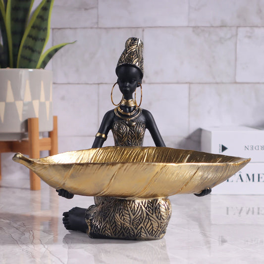 African Girl Holding a Plate Sculpture, Home and Office Decorative Storage Ornament, Vintage Collectible Craft Deskt Decor