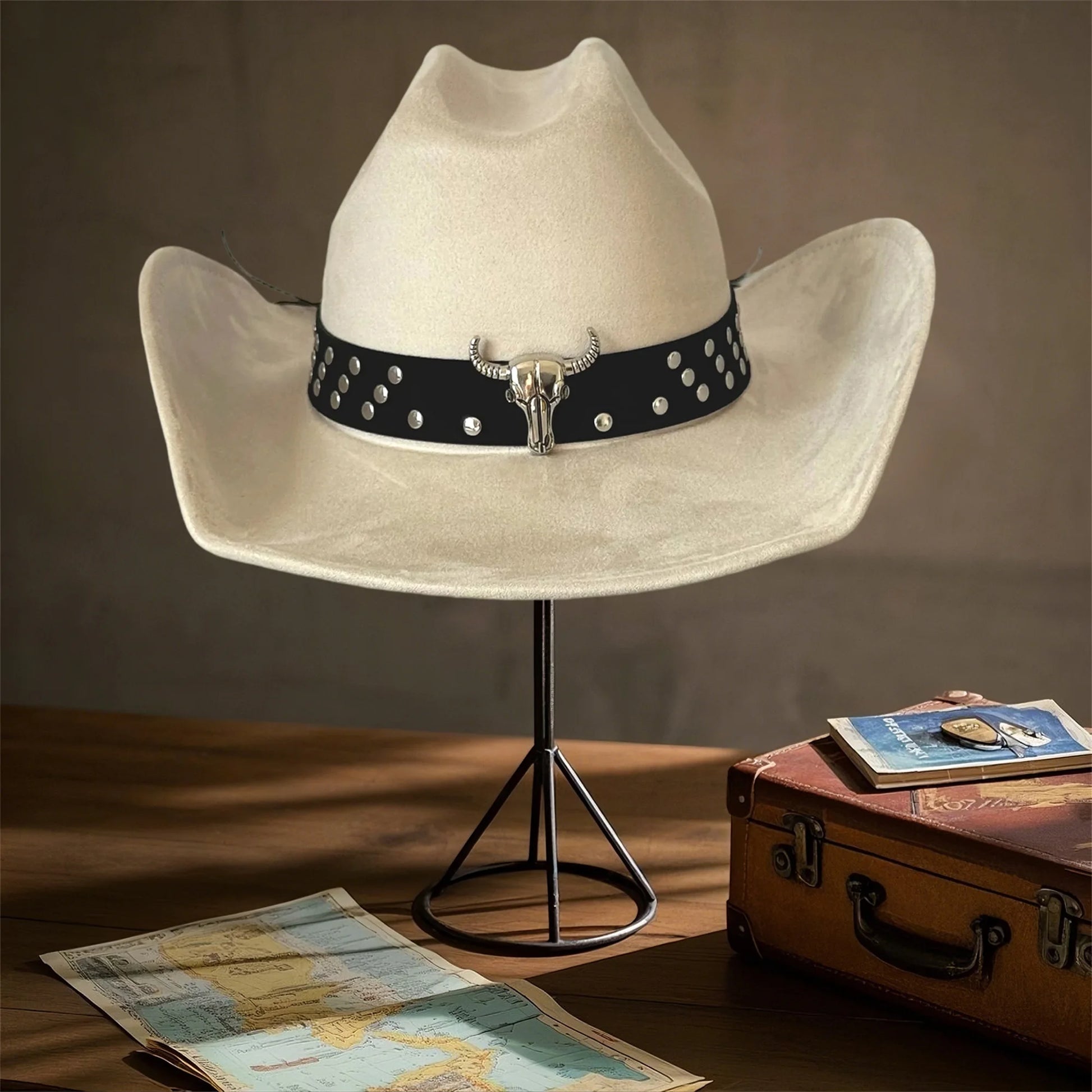Vintage Style Unisex Cowboy Hat with Bull Head Bead Detail and Wide Brim Fedora for Western Cowgirl Fashionistas